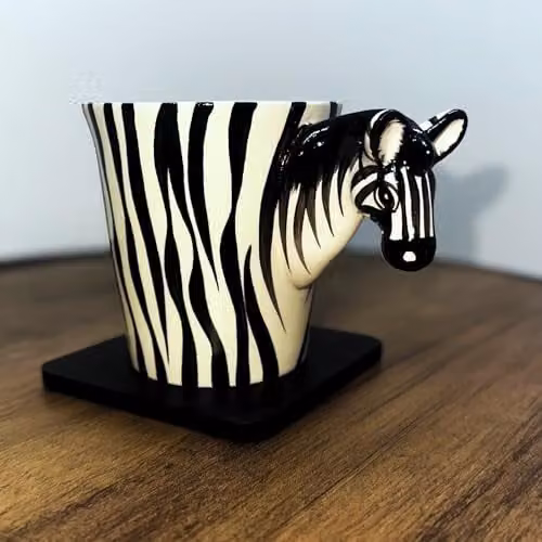 Handmade Ceramic Zebra Design Mug in White and Multicolour with 3D Handle – 3