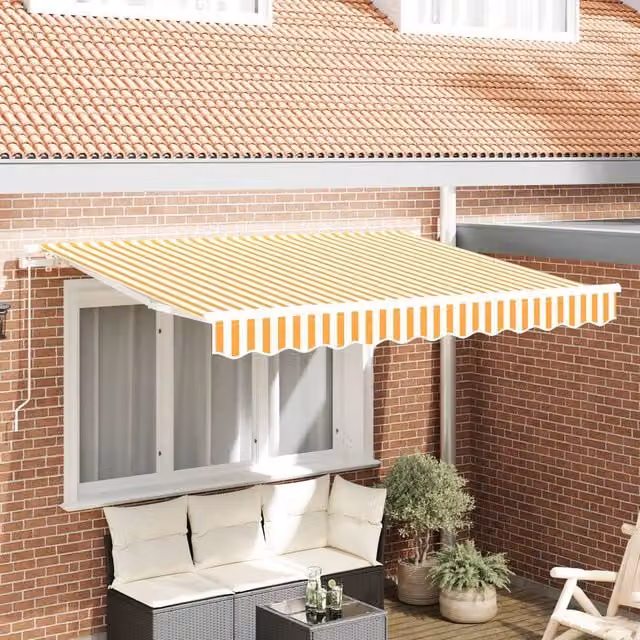 Berkfield Home Manual Retractable Wall-Mounted Folding Arm Awning in Yellow and White, W: 300 cm, D: 200 cm – 1