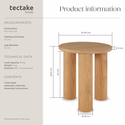 tectake Sisi Round Side Table in Rustic Brown with Solid Wood Legs, W/D/H: 40 x 40 x 45.5 cm – 2