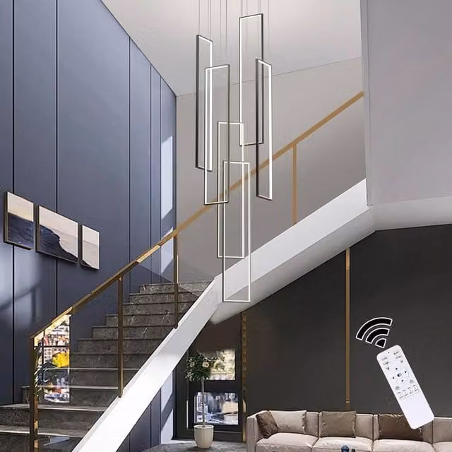 NIVOR Modern Black LED Dimmable 6-Lamp Rectangle Pendant Chandelier with Remote Control and Height Adjustment