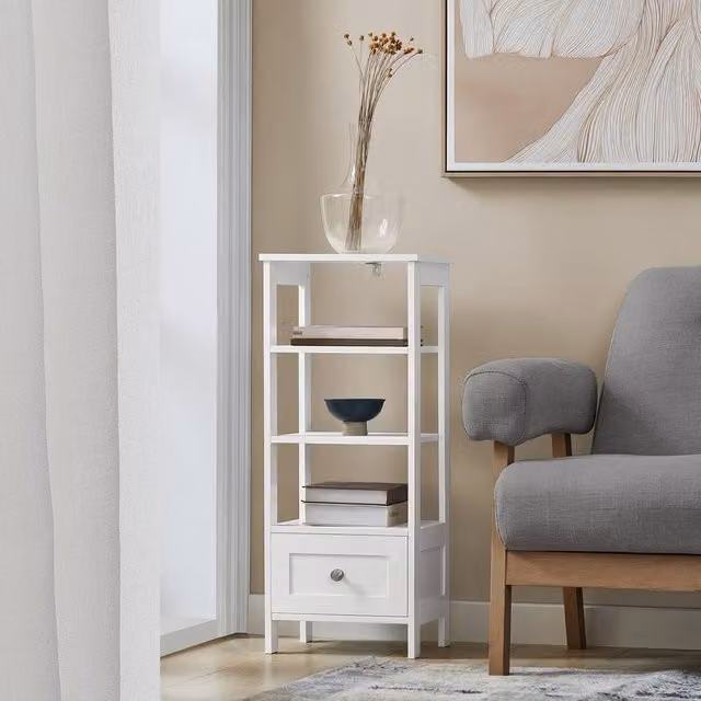 SoBuy Minimalist Tall Narrow Side Table with Drawer and 3 Shelves in White Matt Metal