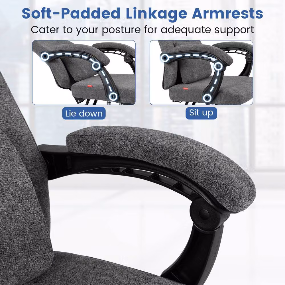 Costway Grey Chenille Fabric Upholstered Reclining Executive Office Chair with Headrest and Armrests – 7