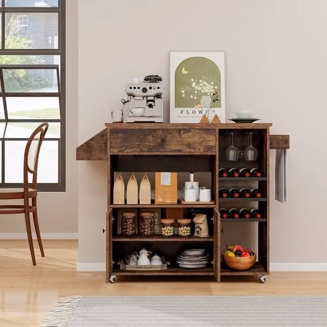 Costway Rustic Brown Wood Drop Leaf Kitchen Island Cart