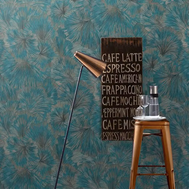 Erismann Ginkgo Flower Botanical Floral Art Nouveau Wallpaper in Petrol Green