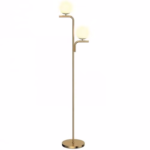 HOMCOM Modern LED Floor Lamp with Glass Sphere Shade and Foot Switch, Gold/Brass and White – 1
