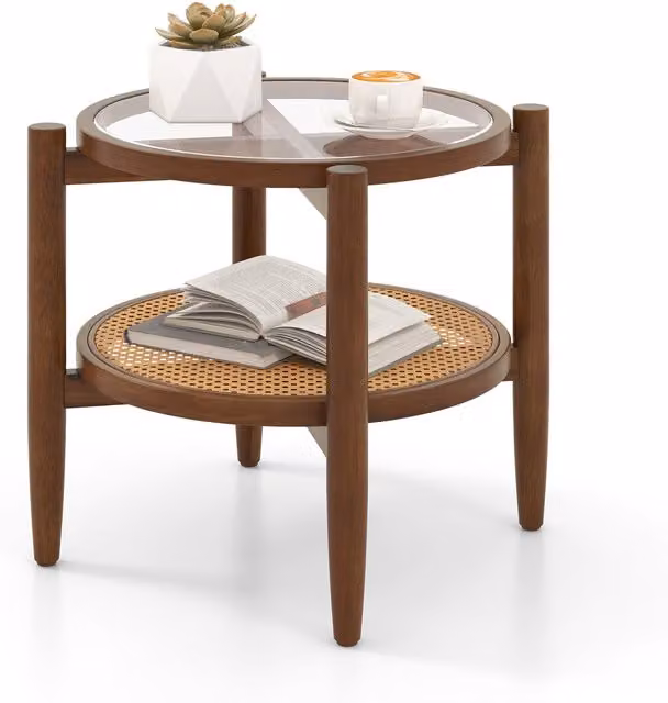 COSTWAY 2-Tier Round Mid-Century Side Table with Acacia Wood and Glass in Brown