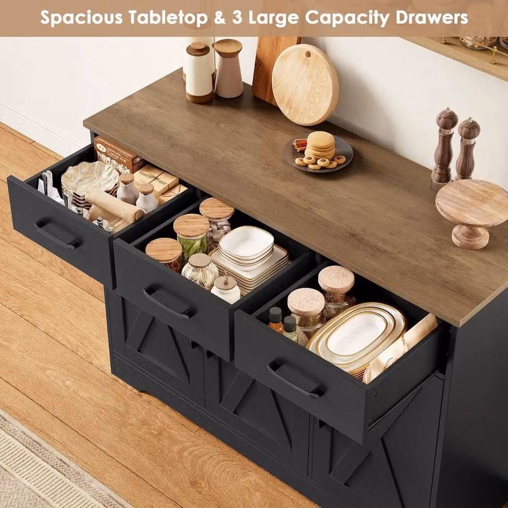 PAWNORA Modern Kitchen Cabinet with 3 Drawers and 3 Doors in Black and Brown – 3
