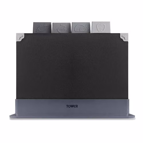 Tower 4 Piece Rectangular Chopping Board Set with Non-Slip Silicone Feet in Black and Brown