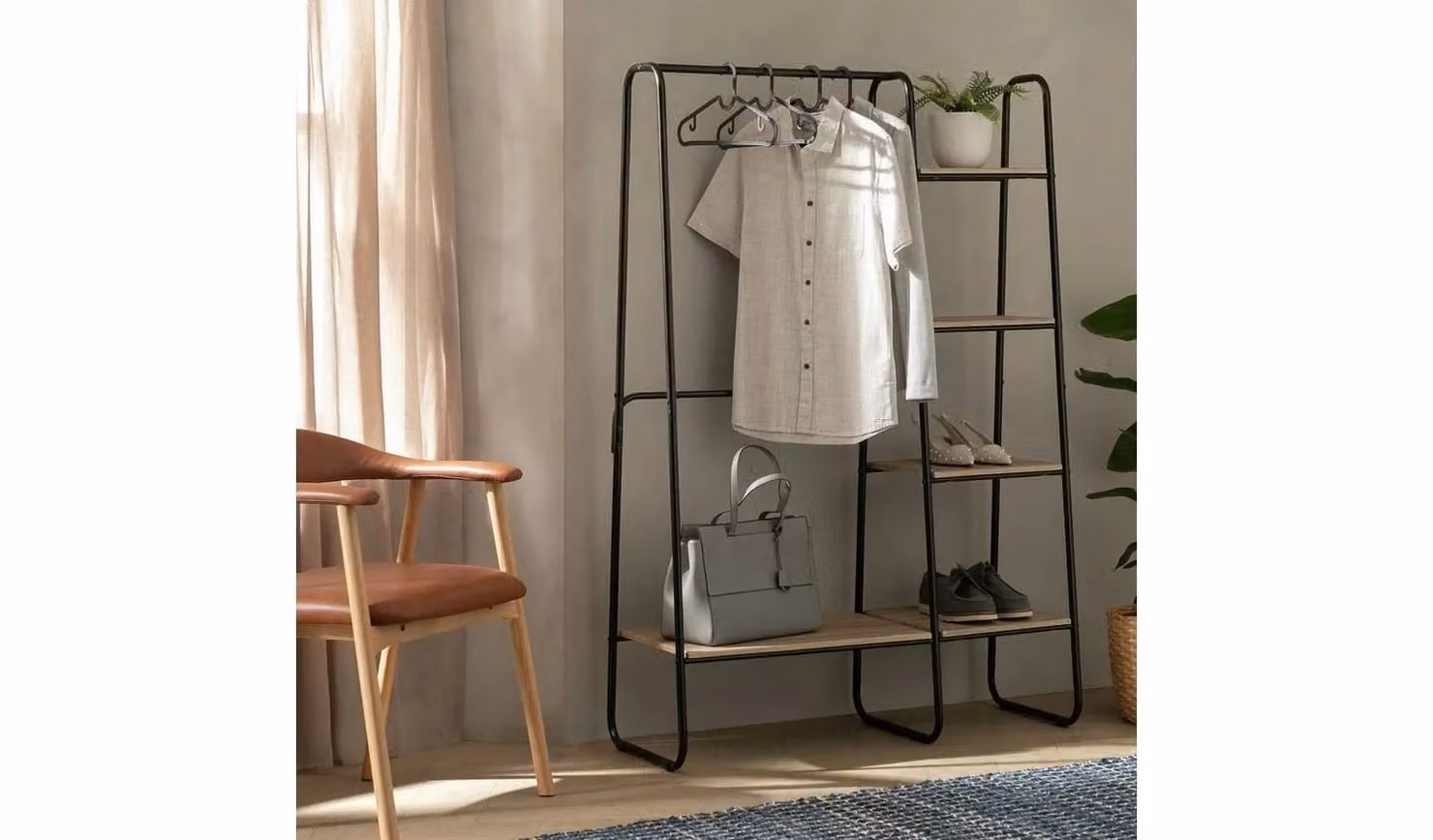 Ryan Adjustable Black Metal Clothes Rail with Shelves and Industrial Freestanding Wardrobe Storage H 151.5 x W 101.5 x D 40 cm