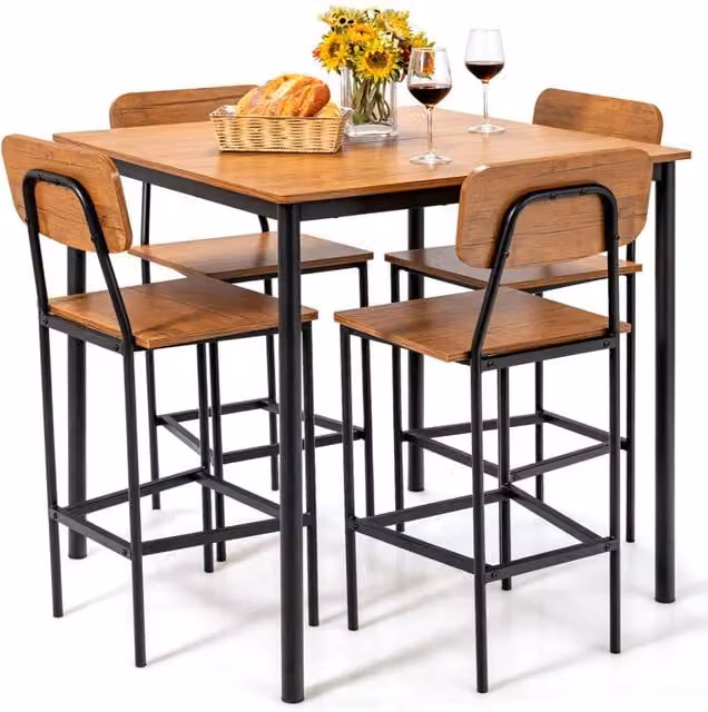 Costway Industrial Dining Table Set with 4 Stools in Brown – 1
