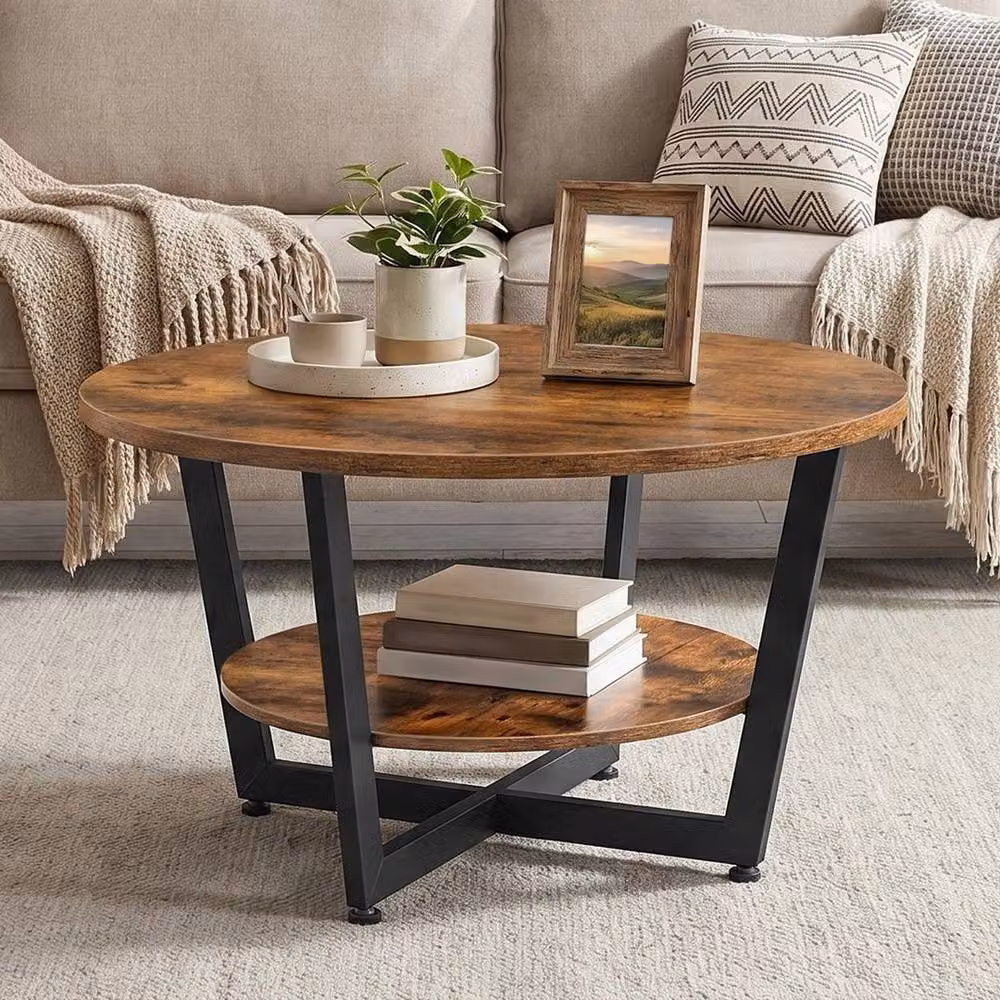 FLAVORA Round Industrial Coffee Side Table in Brown with X-Frame and Wood Serving Tiers – 2