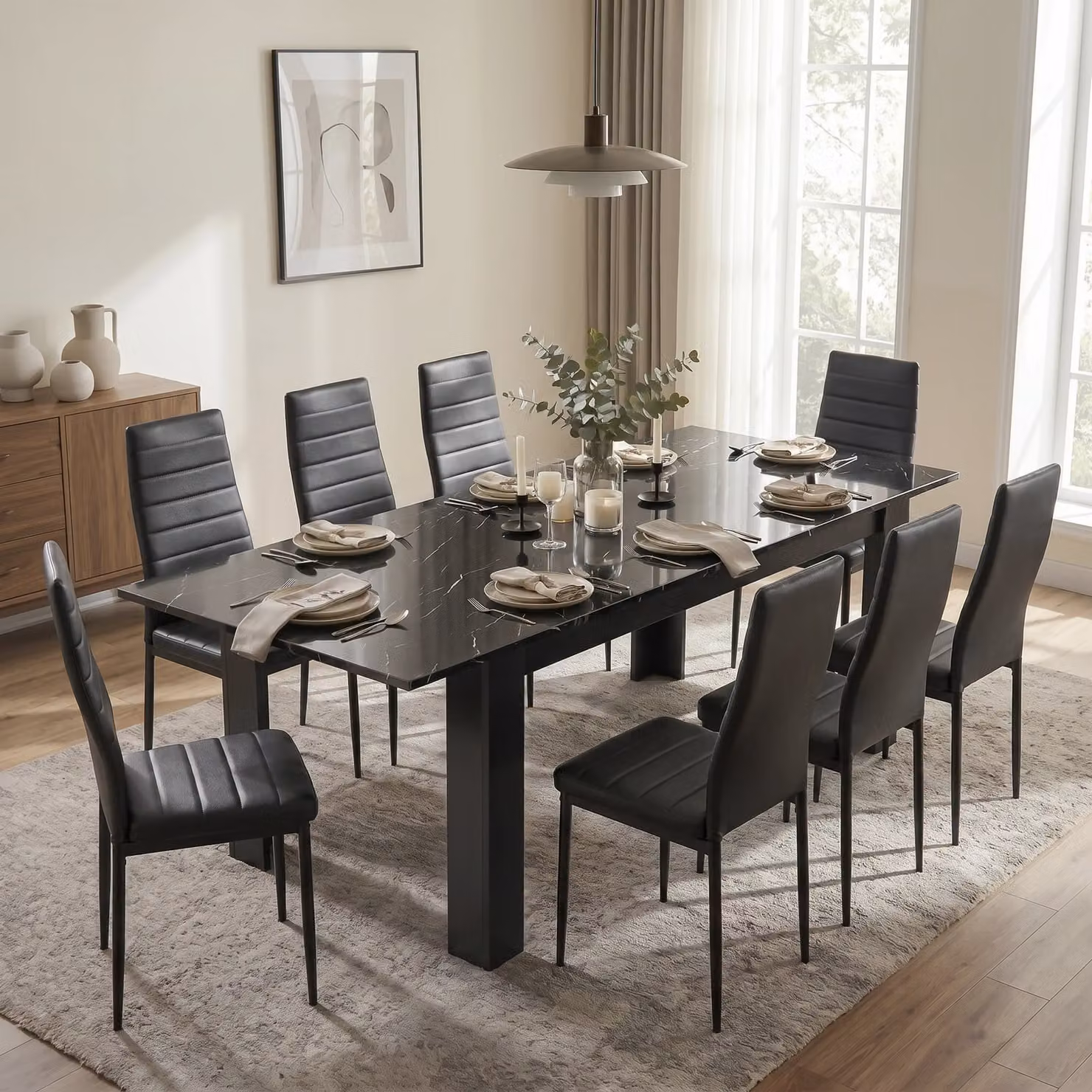 DHS Milo Extendable Dining Table Set with 8 Chairs in Black, White and Grey Marble Effect