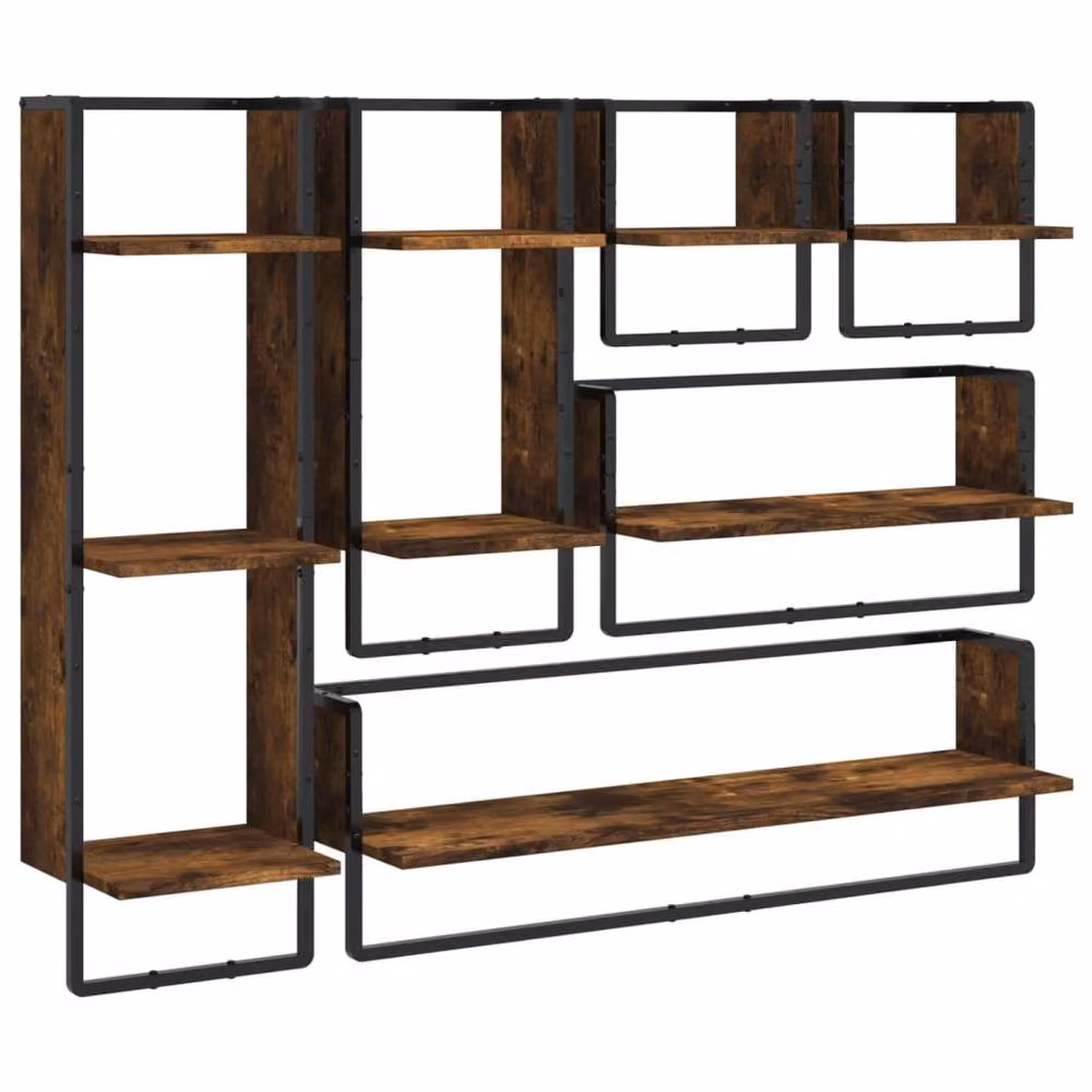 Berkfield Home 6 Piece Decorative Wall Shelf Set with Hanging Rods in Brown Smoked Oak Engineered Wood – 3