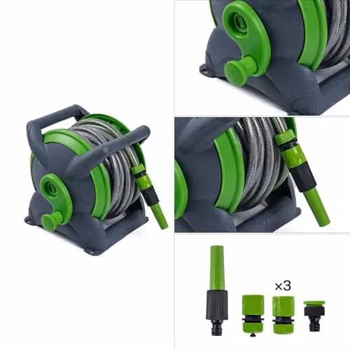 Voltico Green Garden Hose Reel Set with Stand, Wall Mount Bracket, Pattern Spray Gun and Tap Adapters, 20m – 2