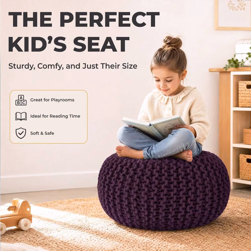 Bravich LTD Chunky Knitted Cotton Round Pouffe Footstool in Purple, Diameter: 50 cm – 9