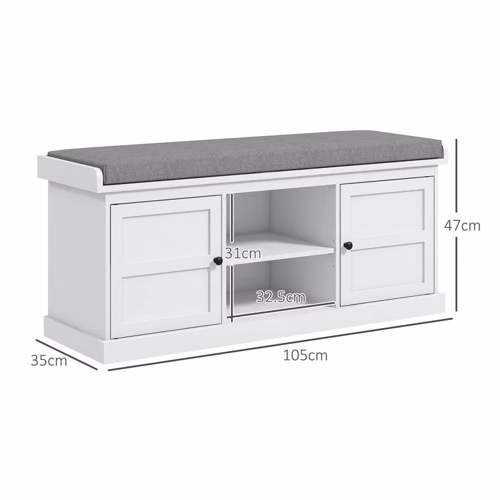ERGOVEXA White Shoe Storage Bench with Grey Fabric Cushion Seat and Adjustable Shelves – 3