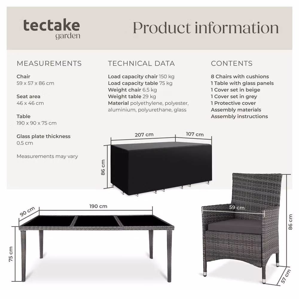 tectake Menorca Garden Table and Chairs Set in Grey and Black – 6