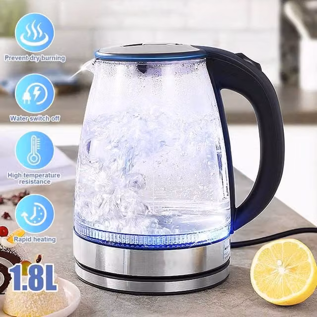PAWNORA 1.8L Electric Blue LED Illuminating Glass Jug Kettle in Clear