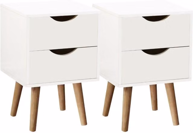 Home Source Modern 2 Drawer Bedside Cabinet in White with Wooden Legs W/D/H: 30 x 30 x 45 cm – 1