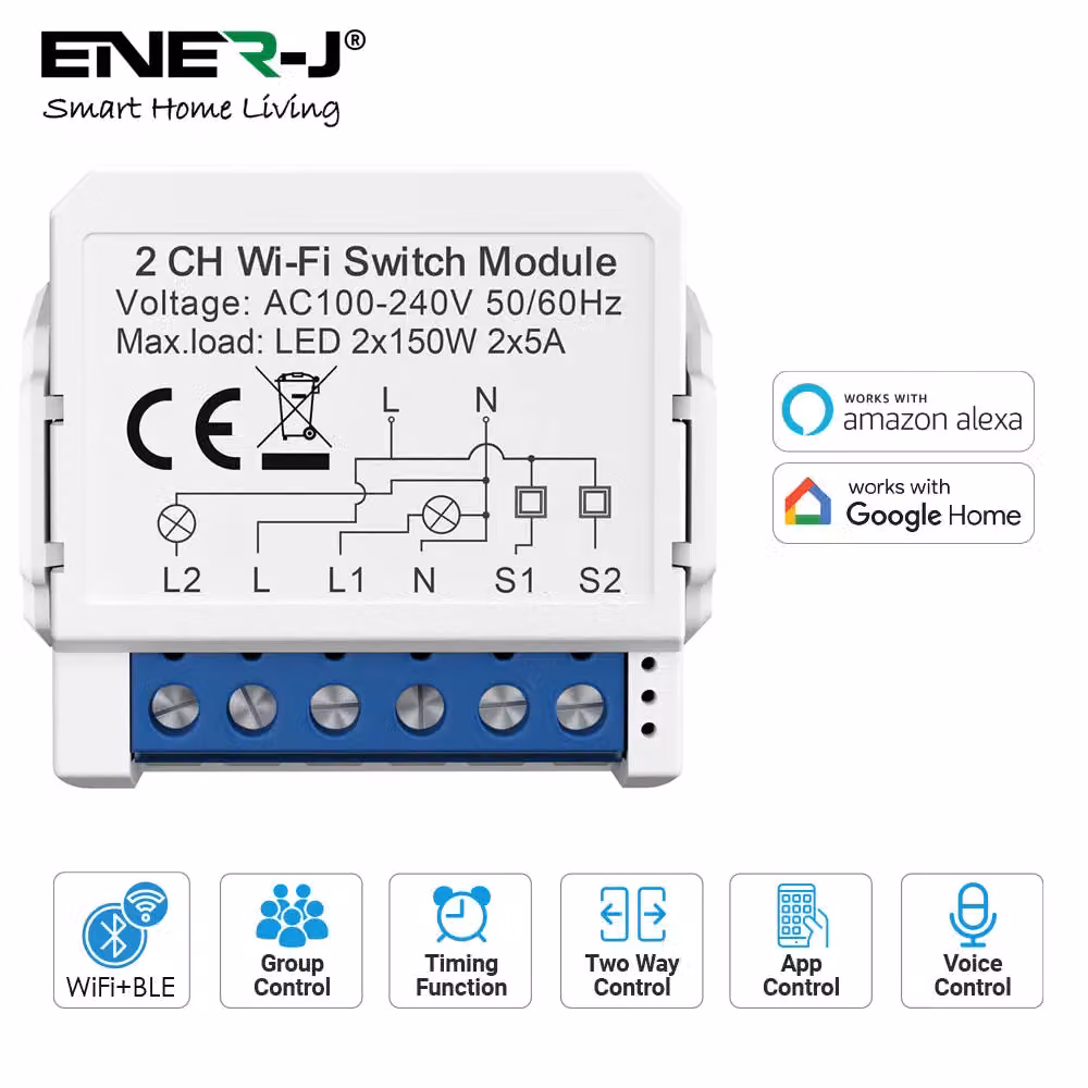 ENER-J Smart Home WiFi and BLE 2 Gang Dual Output Light Switch Module in White – 2
