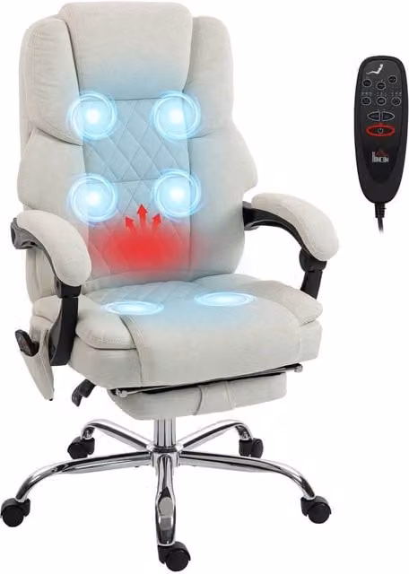 Rolipo Heated 6-Point Massage Executive Office Chair with Footrest and Headrest in Beige Velvet Fabric