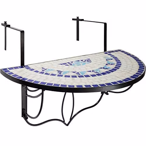 tectake Hanging Mosaic Balcony Table with Steel Frame, White/Blue/Multicolour, W/D/H: 75 x 65 x 62 cm