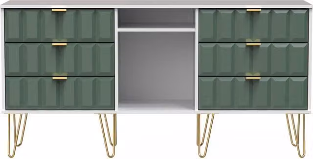 Ready Assembled 2 U Metro 6 Drawer Sideboard in Green and Gold
