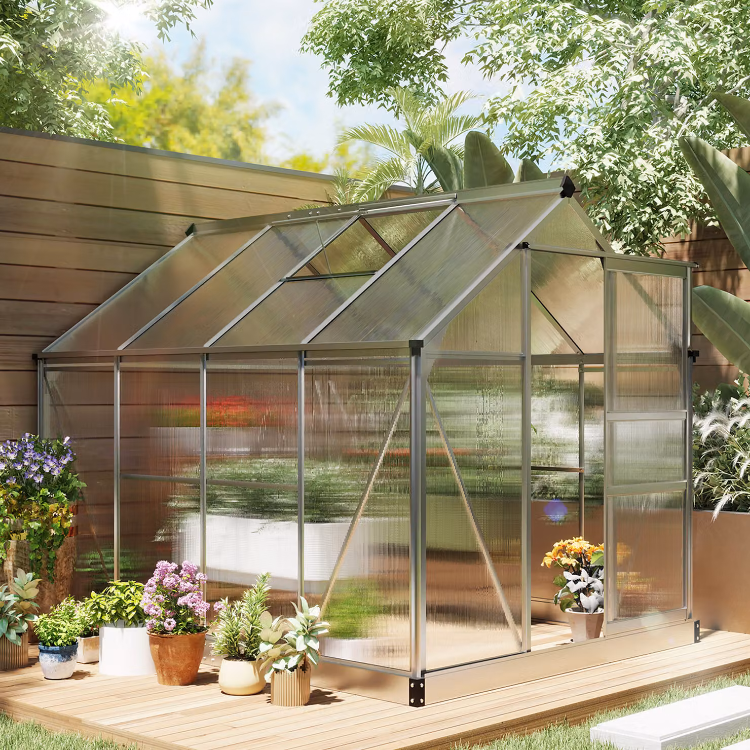 Outsunny Walk-In Greenhouse with Sliding Door and Gable Roof, Transparent Polycarbonate and Aluminium Garden Greenhouse, W/D/H: 182.88 x 243.84 x 201 cm – 2
