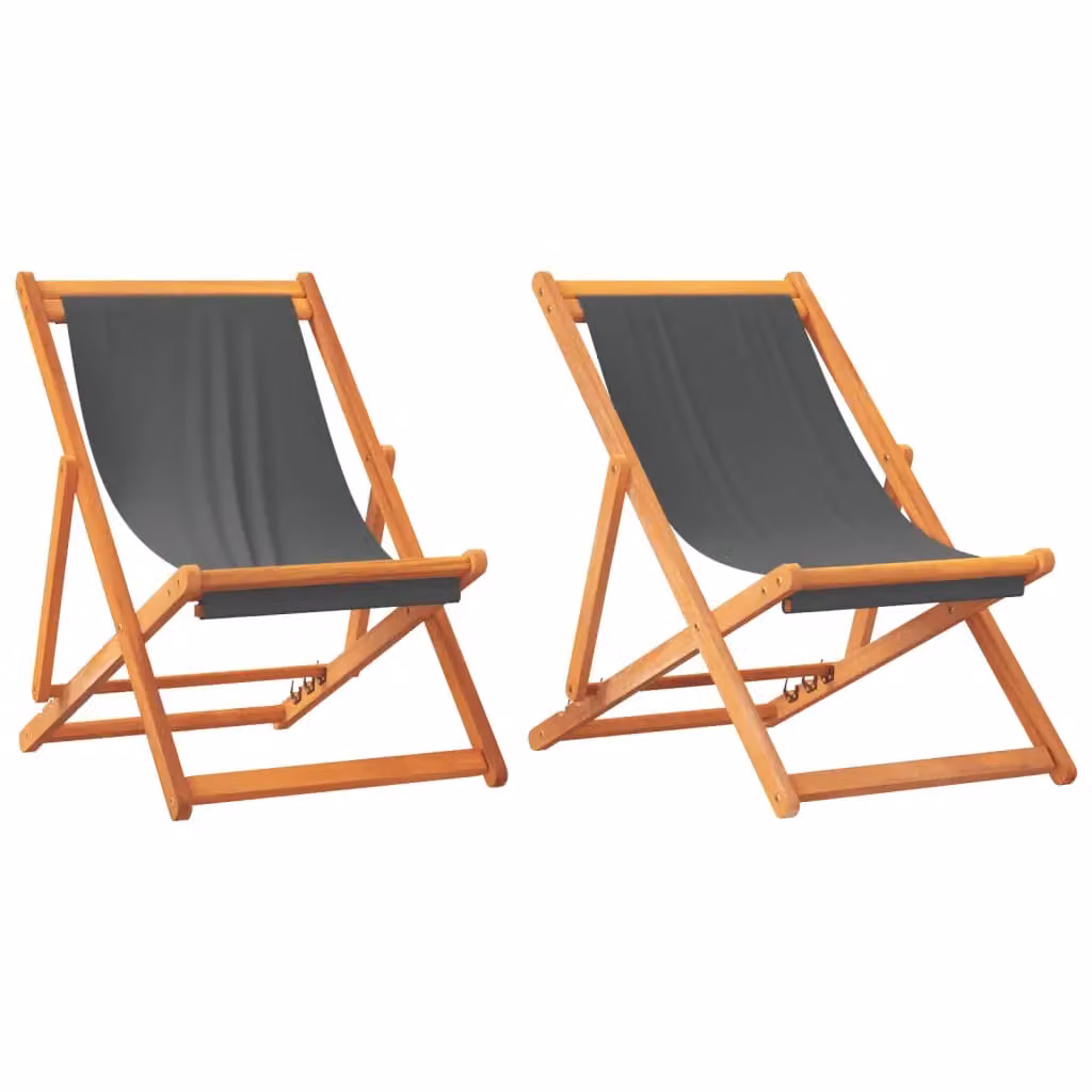 Berkfield Home Set of 2 Folding Beach Chairs in Grey UV-Resistant Fabric and Treated Hardwood – 2