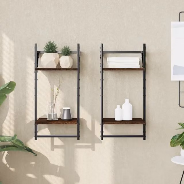 Berkfield Home 2-Tier Wall Mounted Shelves with Bars, 2 Pieces, Brown Oak, W/D/H: 30 x 25 x 65 cm