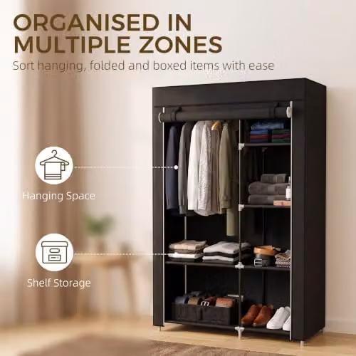 HOMCOM Black Fabric Wardrobe with Hanging Rail and Internal Shelves W/D/H: 103 x 43 x 162.5 cm – 3