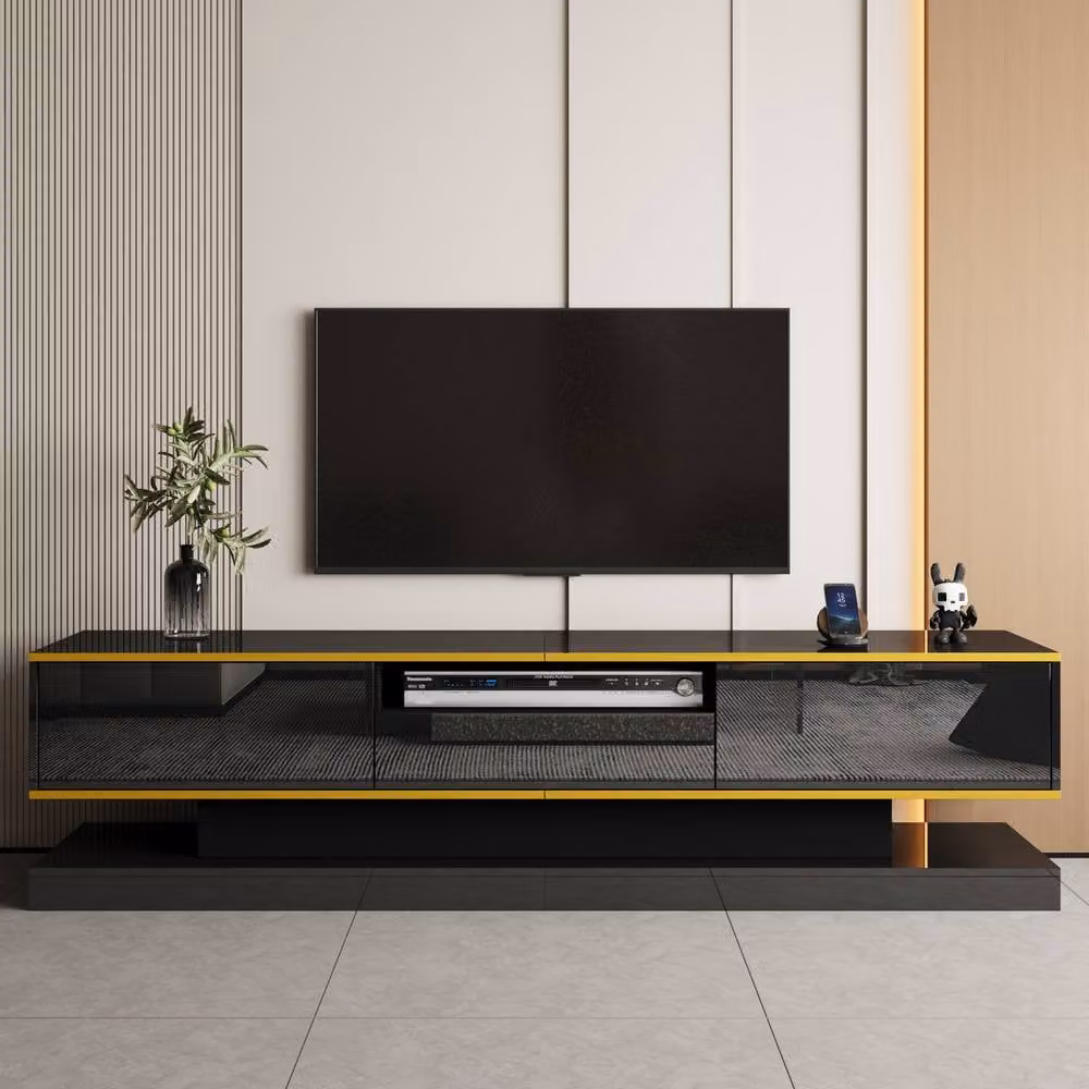 STILVORA Modern Glossy Black and Gold Wood TV Cabinet with Integrated Lighting, W: 180.0 cm, D: 38.0 cm, H: 45.0 cm – 2