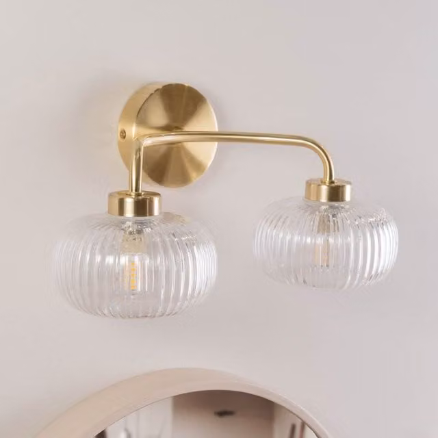 ValueLights Amaia Pair of Gold Metal and Transparent Ribbed Glass Up and Down Wall Lights, IP44 Rated – 1