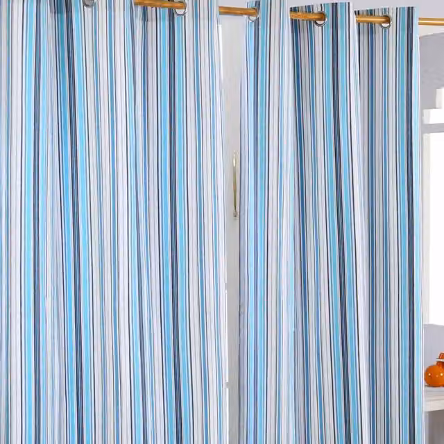 Homescapes Blue Striped Cotton Eyelet Curtain Pair, W: 137 cm, H: 228 cm