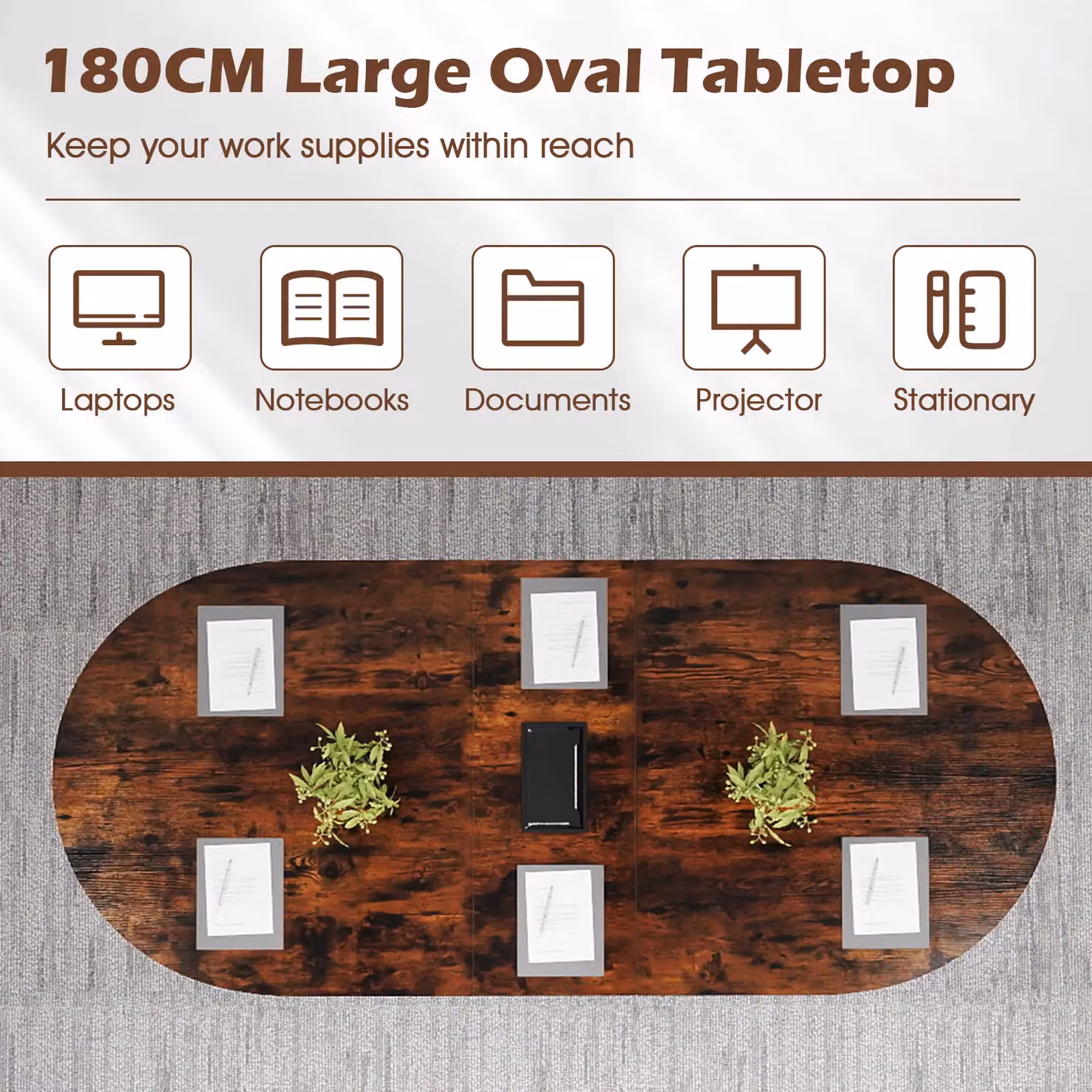 Gymax Oval Executive Home Office Table with Metal Sled Base, Brown – 8