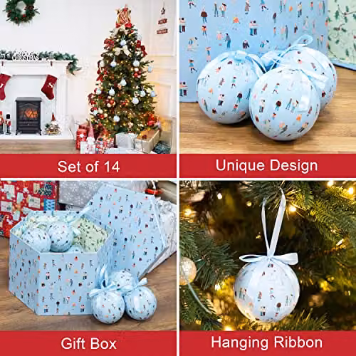 The Christmas Workshop Set of 14 Festive Christmas Baubles in Blue and White with Various Winter Designs, Diameter: 7.5 cm – 2