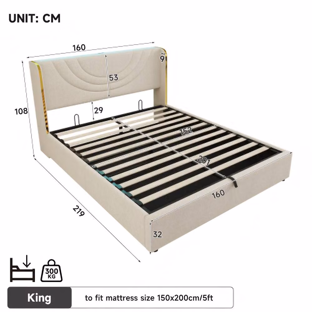 Merax King Size Upholstered Linen Storage Bed in Beige with LED Lighting and USB Charging Station, W/D/H: 160 x 200 cm – 5