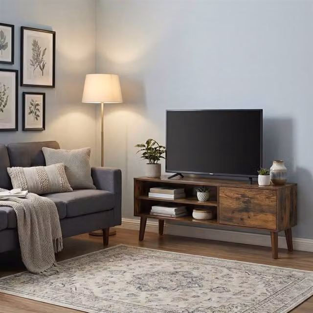 VASAGLE Modern Brown Oak Wood Entertainment Unit with Media Compartments