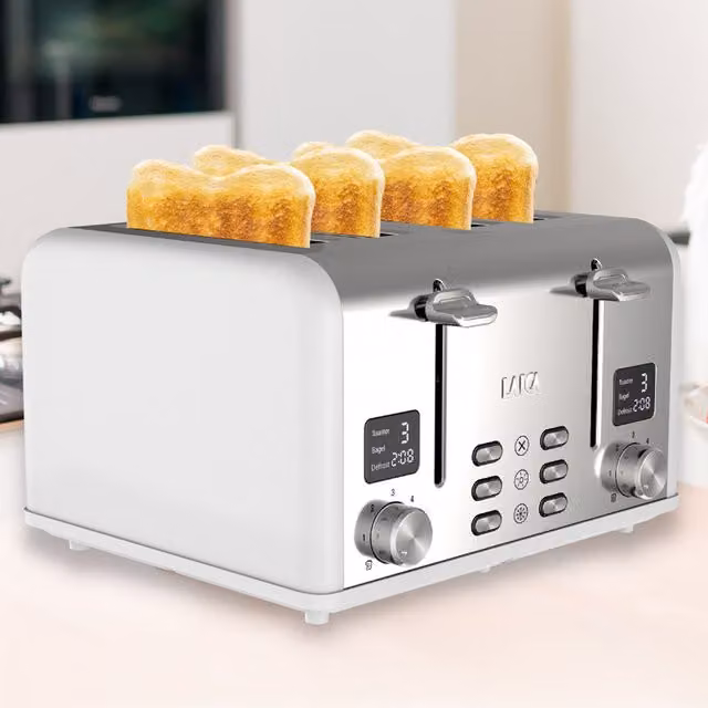 Laica White 4 Slice Digital Toaster with Stainless Steel Accents and Digital Display