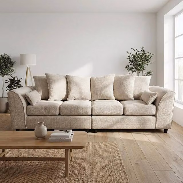 Abakus Direct Jumbo Chenille 4 Seater Sofa in Beige with Deep Seats and Angular Arms