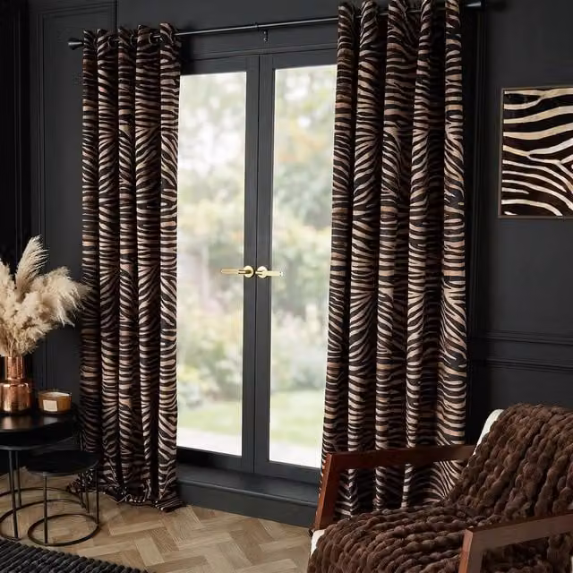 OHS Pair of Black Zebra Print Matte Velvet Eyelet Blackout Curtains, Width: 228 cm, Drop: 228 cm – 1
