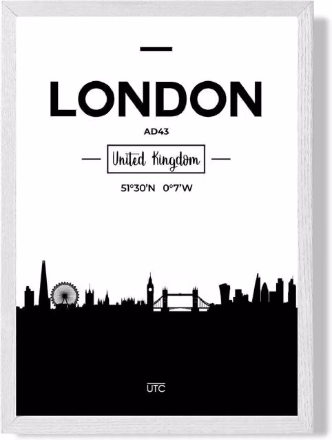 ARTZE London Black and White City Skyline Framed Paper Poster in White Frame