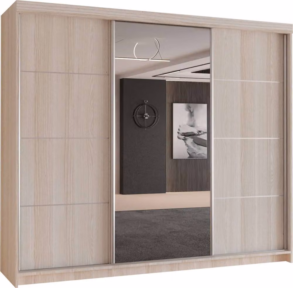 Sliding Wardrobes 4U Modern 3 Door Sliding Wardrobe in Light Oak, W: 250 cm, H: 217 cm – 1