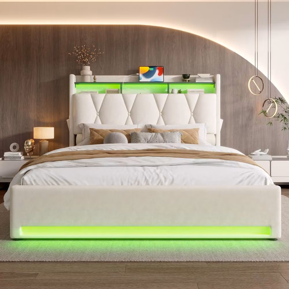 Direct Wicker Beige Upholstered King Storage Bed with LED Lighting and USB Type-C, W/D/H: 150 x 200 cm – 6