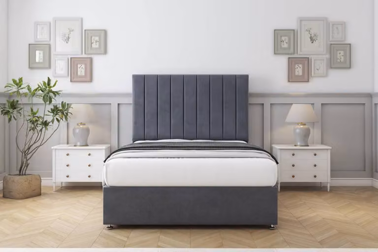 Sloomy Kansas Plush Divan Set with 54 inch Headboard in Dark Grey, Small Single, W/D/H: 120 x 200 cm
