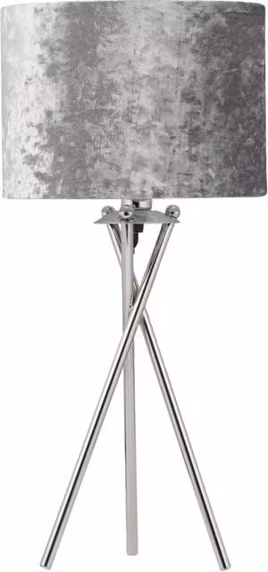 First Choice Lighting Chrome Tripod Table Lamp with Grey Fabric Shade – 1