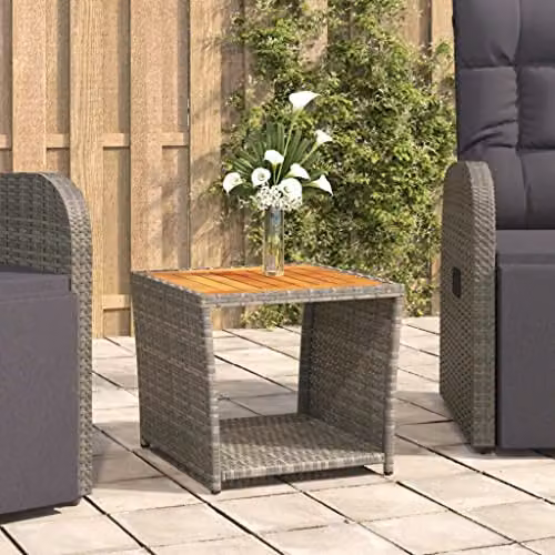 vidaXL Modern Grey Poly Rattan Tea Table with Acacia Wood Top – 2