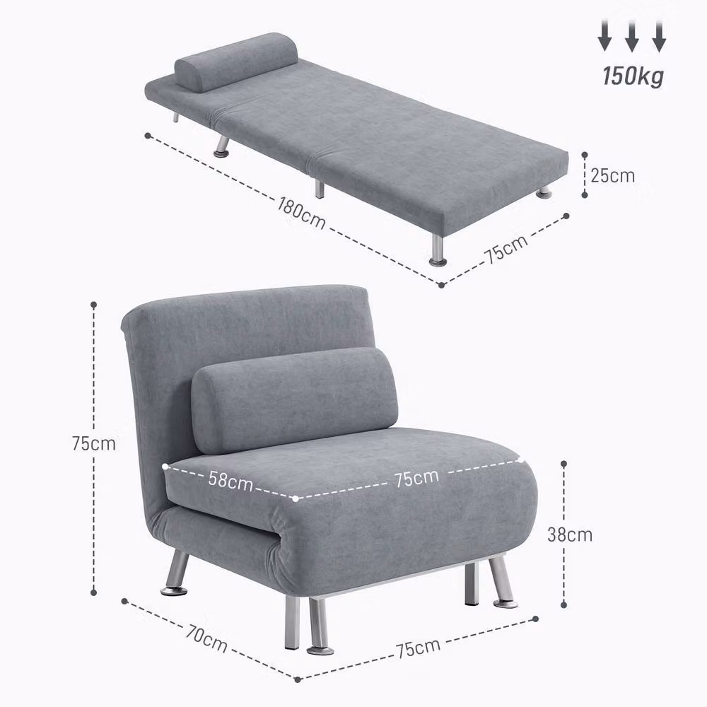 STILVORA 3-in-1 Sleeper Chair in Grey Velvet Fabric with Five-Position Back and Metal Frame – 3