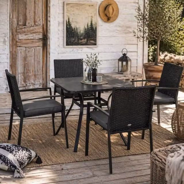 Wyld Haus Laresu 5 Piece Garden Dining Set with Black Powder Coated Steel Frame and Grey Cushions