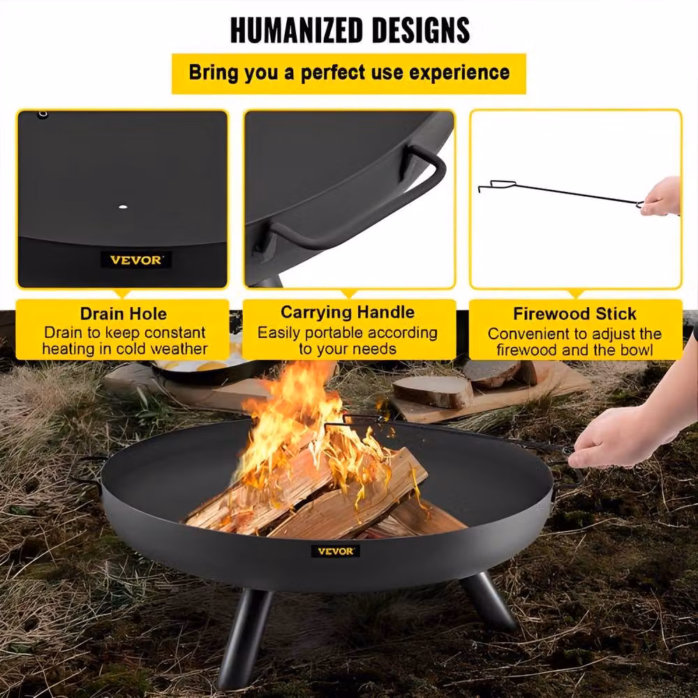 VEVOR Black Carbon Steel Round Fire Pit Bowl with Drain Hole and Portable Handles, Diameter: 76.2 cm – 7